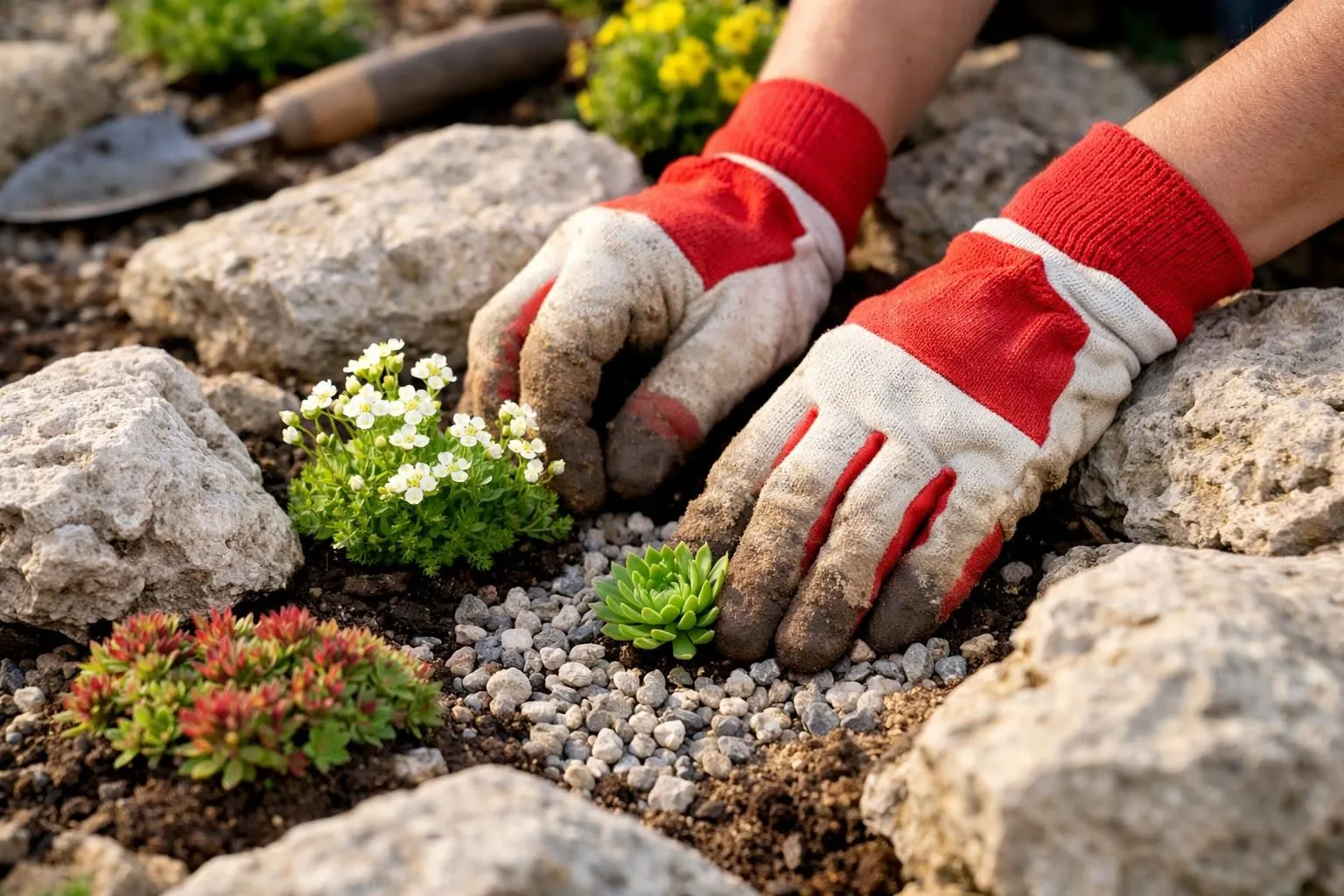 Hands arranging natural stones and planting small alpine flowers in a French rock garden, close-up view of soil preparation with drainage gravel, gardening gloves working with sedums and saxifrages between weathered limestone rocks, warm afternoon sunlight, realistic gardening photography, shallow depth of field, natural earthy tones, professional garden installation scene