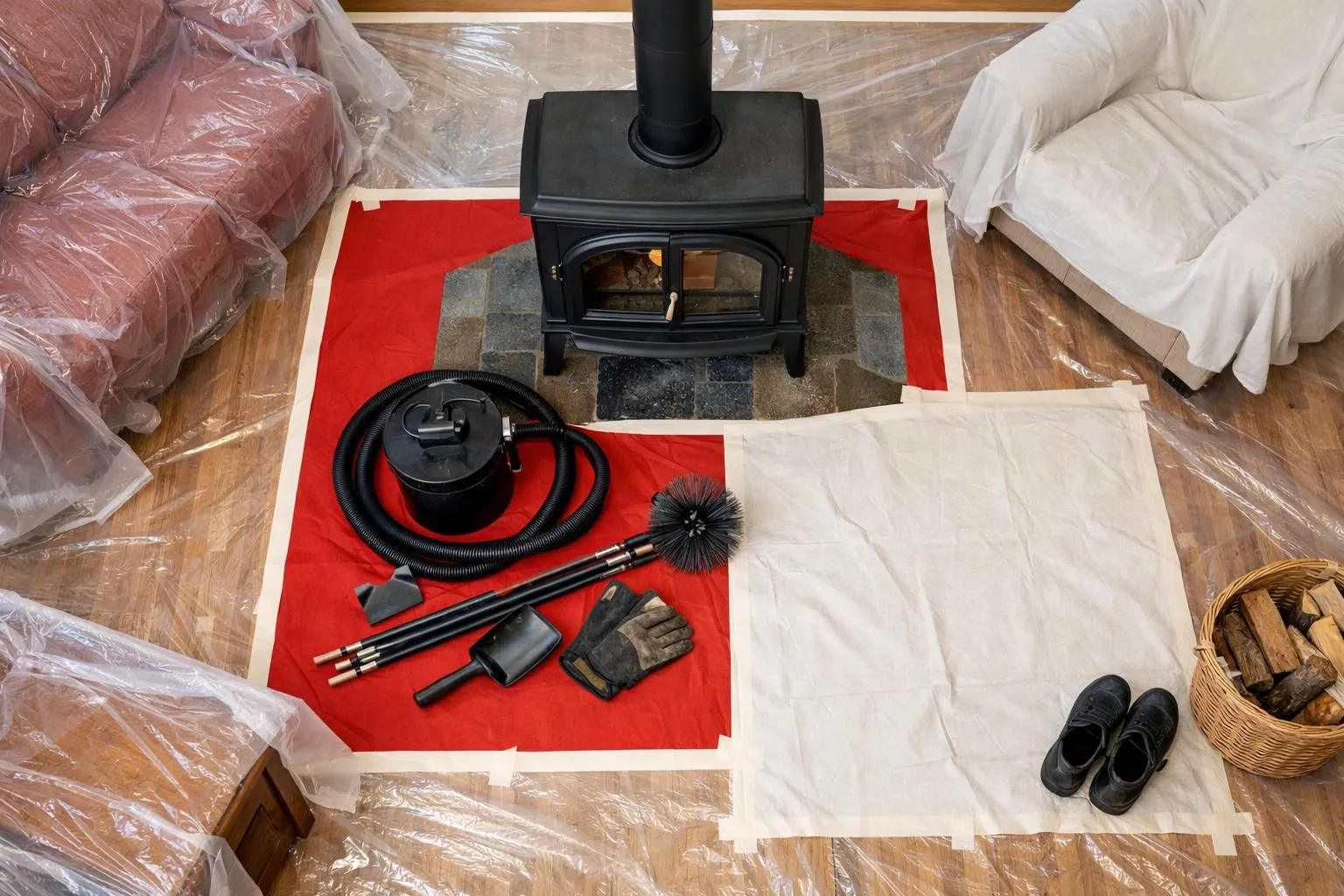 Close-up of living room floor covered with thick protective plastic sheets and tarps around a traditional wood-burning stove. Masking tape securing edges of drop cloths. Furniture partially draped with protective fabric. Natural daylight through window, realistic home interior photography, detailed textures, professional preparation for chimney sweeping work, clean and organized setup.