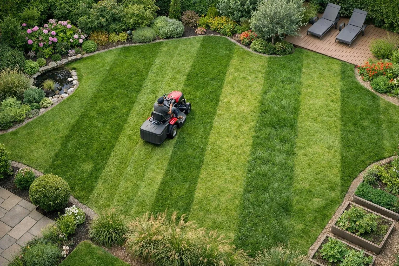 Well-manicured garden with a riding lawn mower on a lush green lawn.