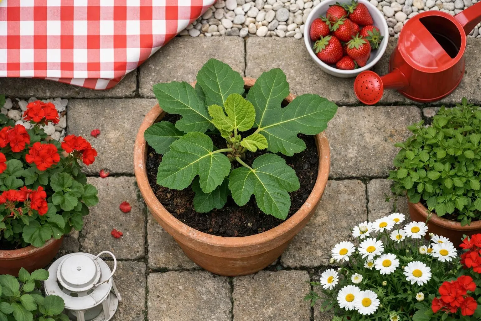 Potted plant, strawberries, watering can, flowers, garden setting, outdoor patio.