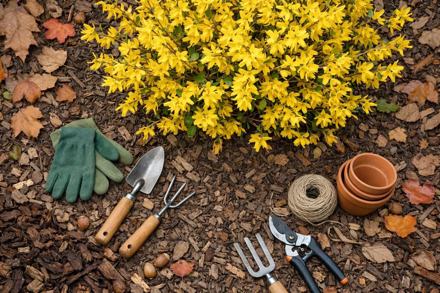 Vibrant yellow flowers, gardening tools, and autumn leaves on the ground.