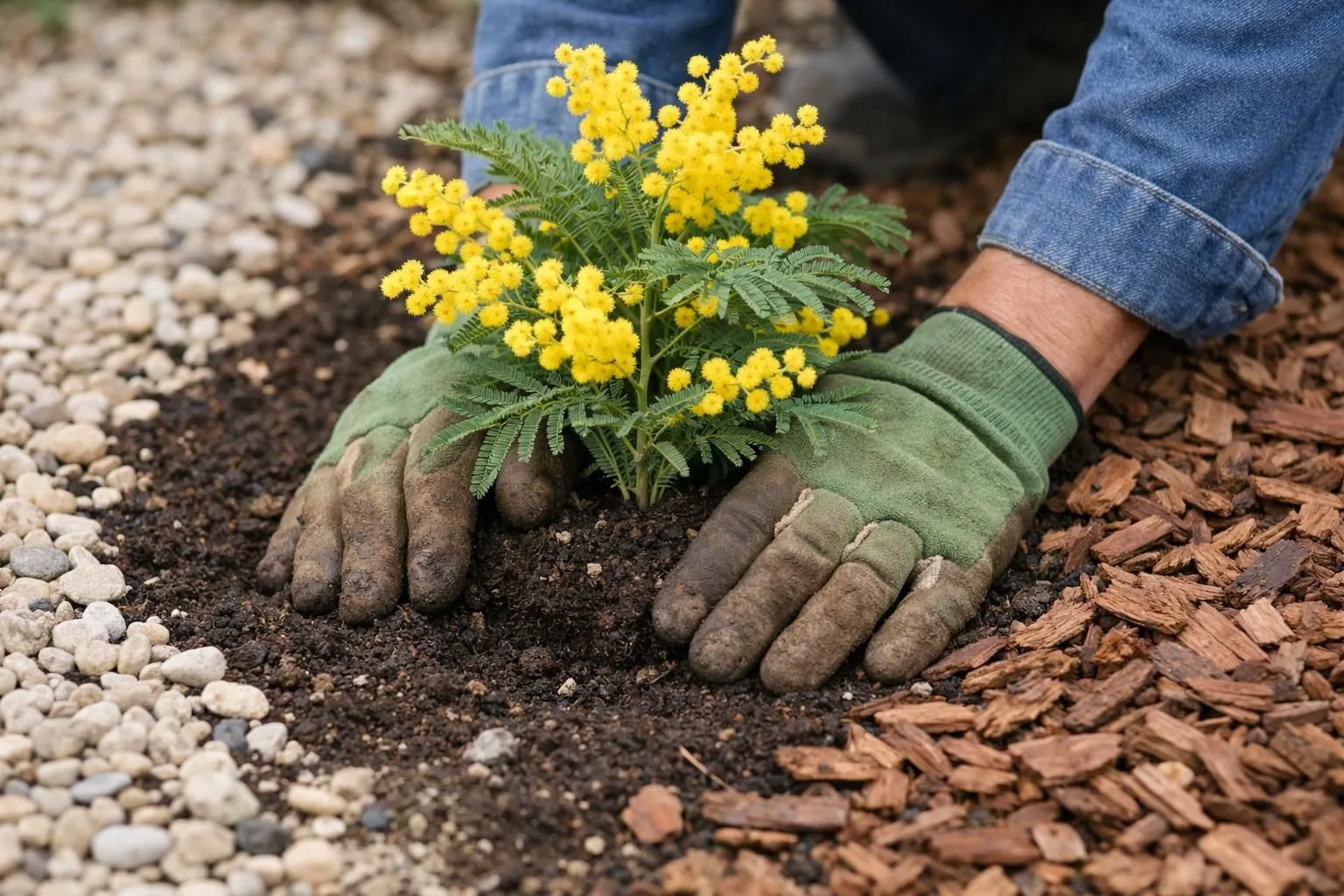 Gloved hands planting yellow flowering plant in garden bed.
