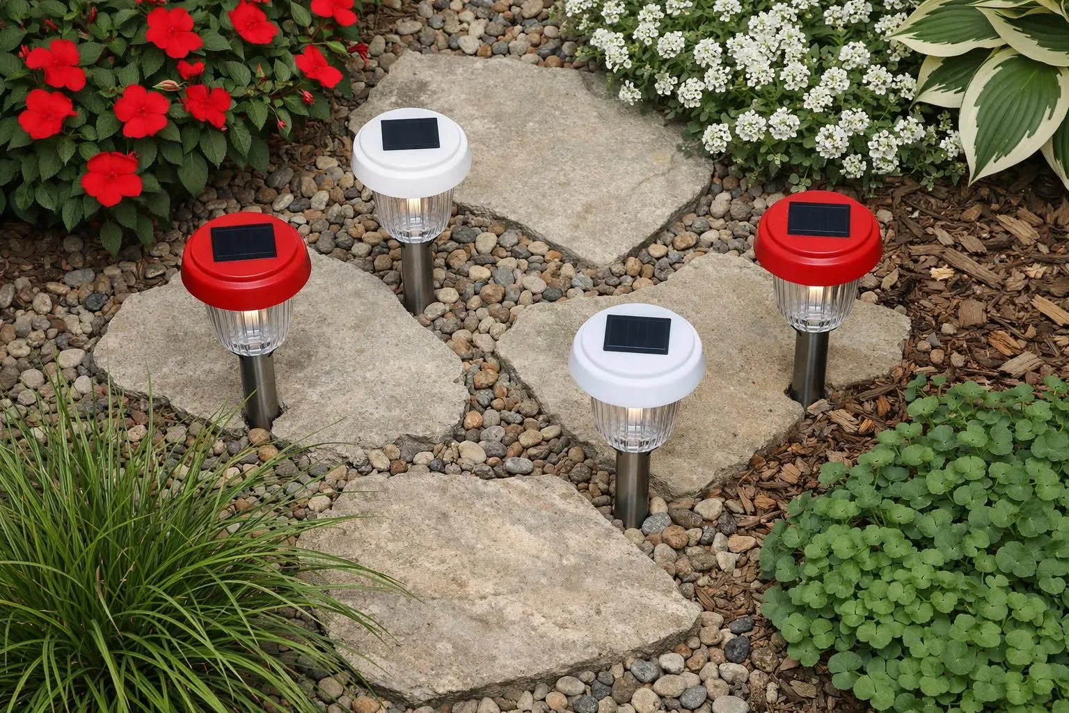 Solar-powered garden lights, red and white, on a stone path.