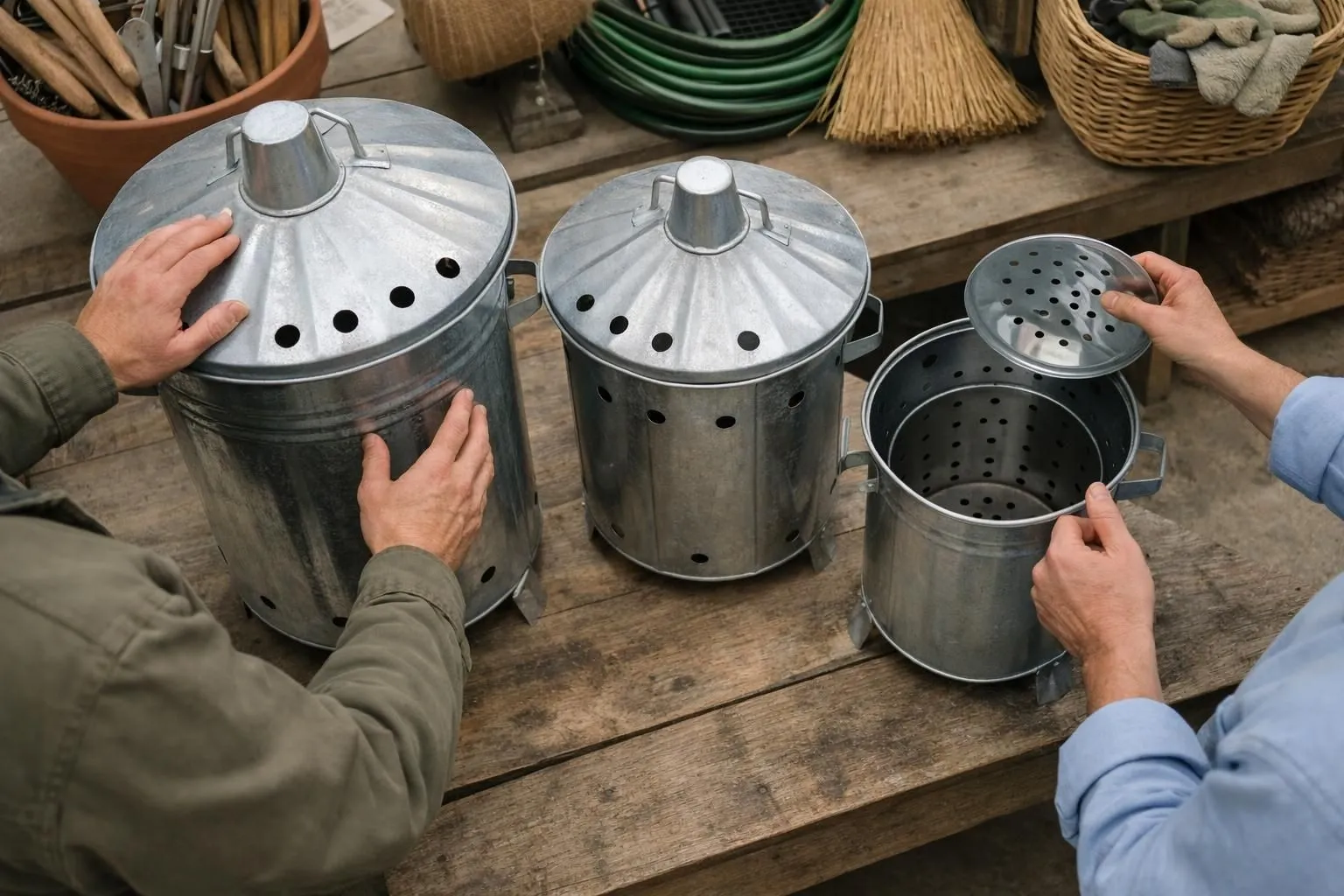 Person examining different garden incinerator models in a French garden center, comparing metal drum sizes and checking ventilation features, realistic photography, natural lighting through glass roof, tools and gardening equipment in background, professional retail environment, shallow depth of field focusing on hands inspecting steel thickness, detailed textures of metal surface, trustworthy expert-customer interaction, high-end garden supply store atmosphere