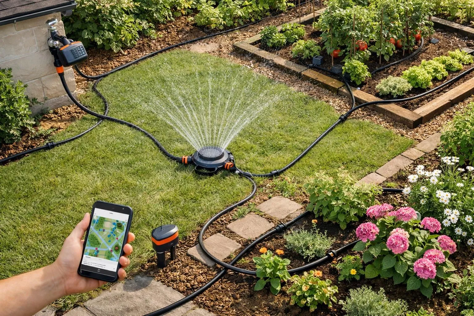 Automated garden sprinkler system controlled by smartphone app.