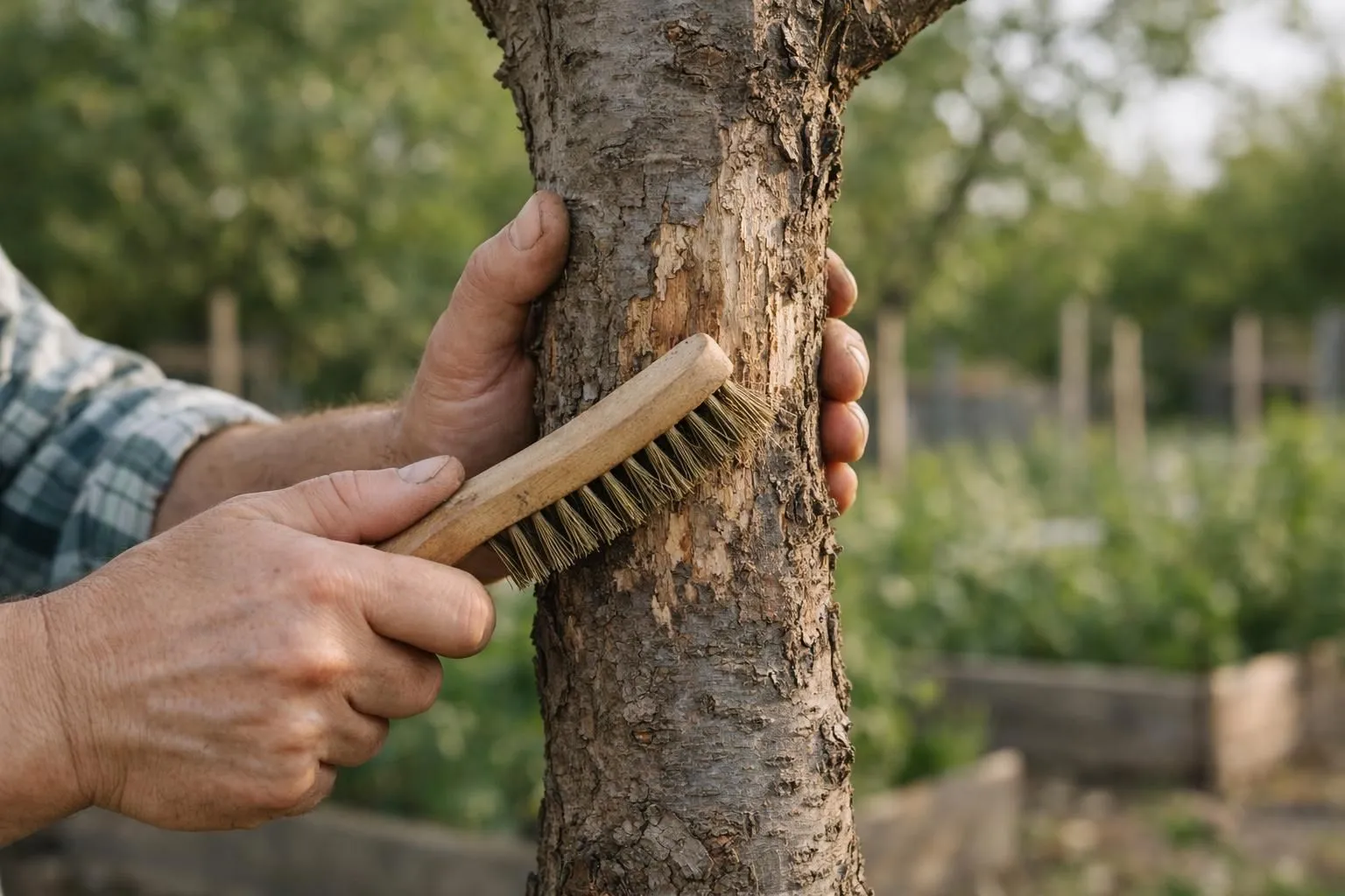 Hands brushing tree bark with a wooden brush.