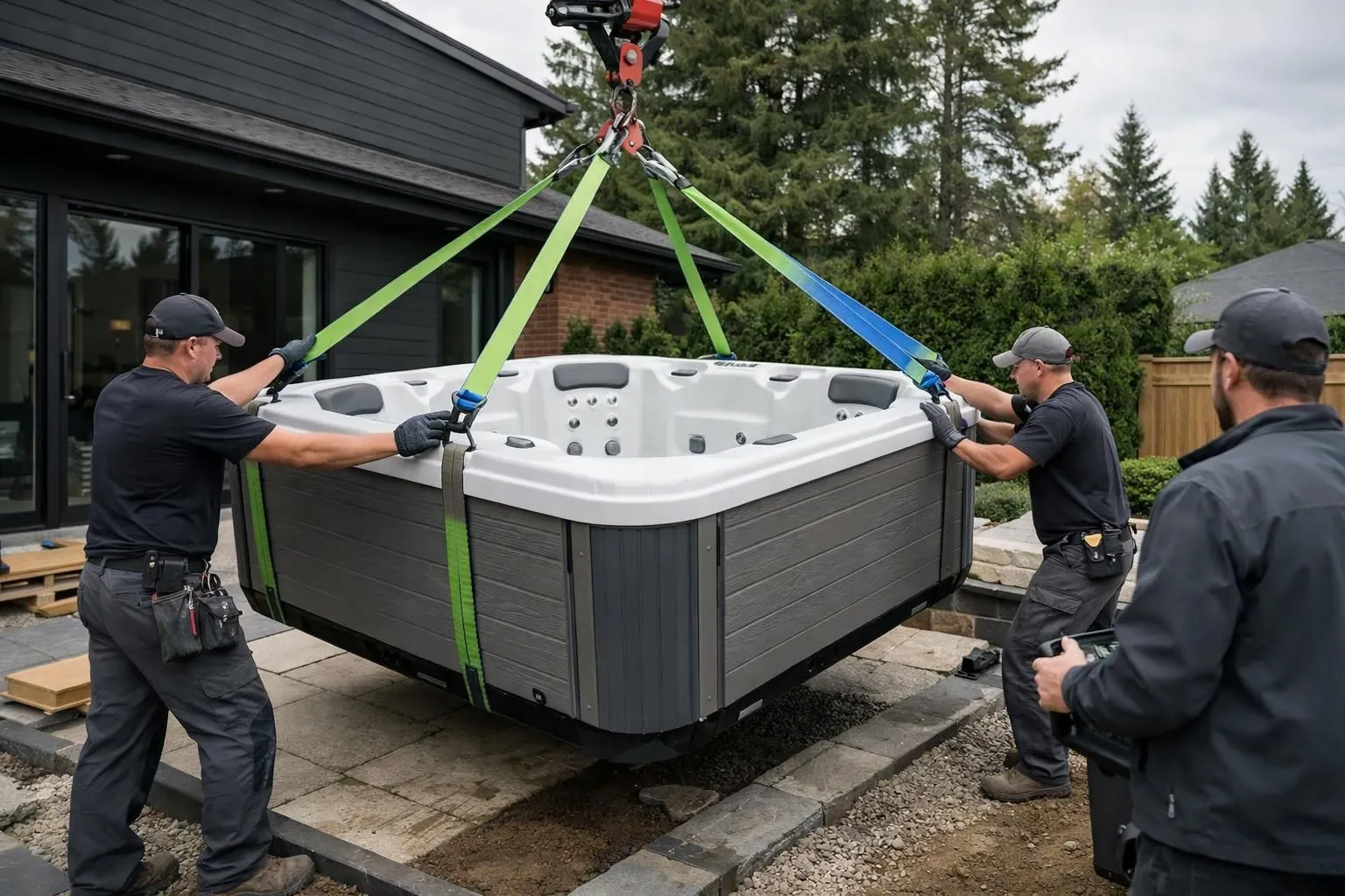 Workers carefully installing a large hot tub on a patio.