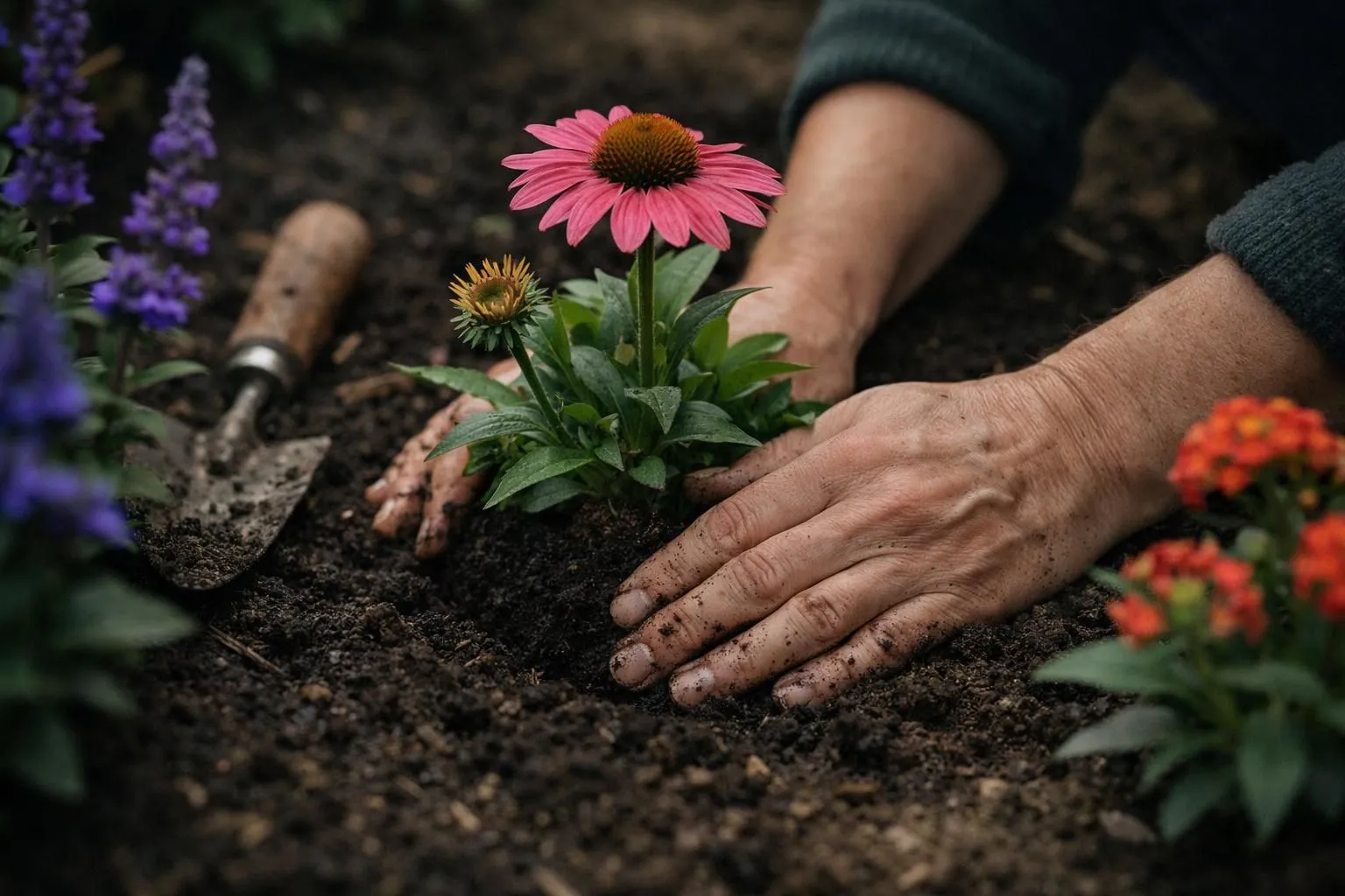 Hands planting vibrant pink daisy in garden soil.