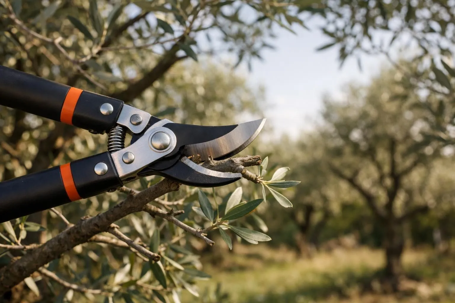Pruning shears trimming olive branch against blurred foliage backdrop.