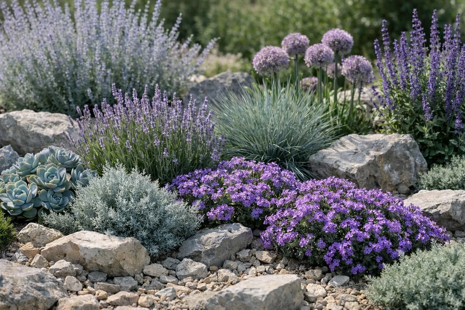 Vibrant purple flowers, lush greenery, and rocky garden landscape.