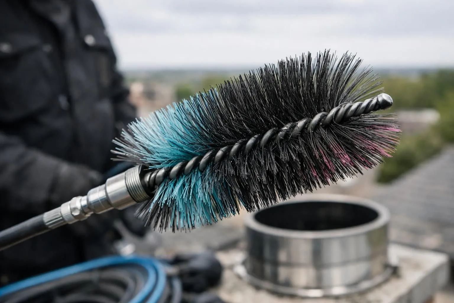 Colorful, textured cleaning brush with metal handle and container.