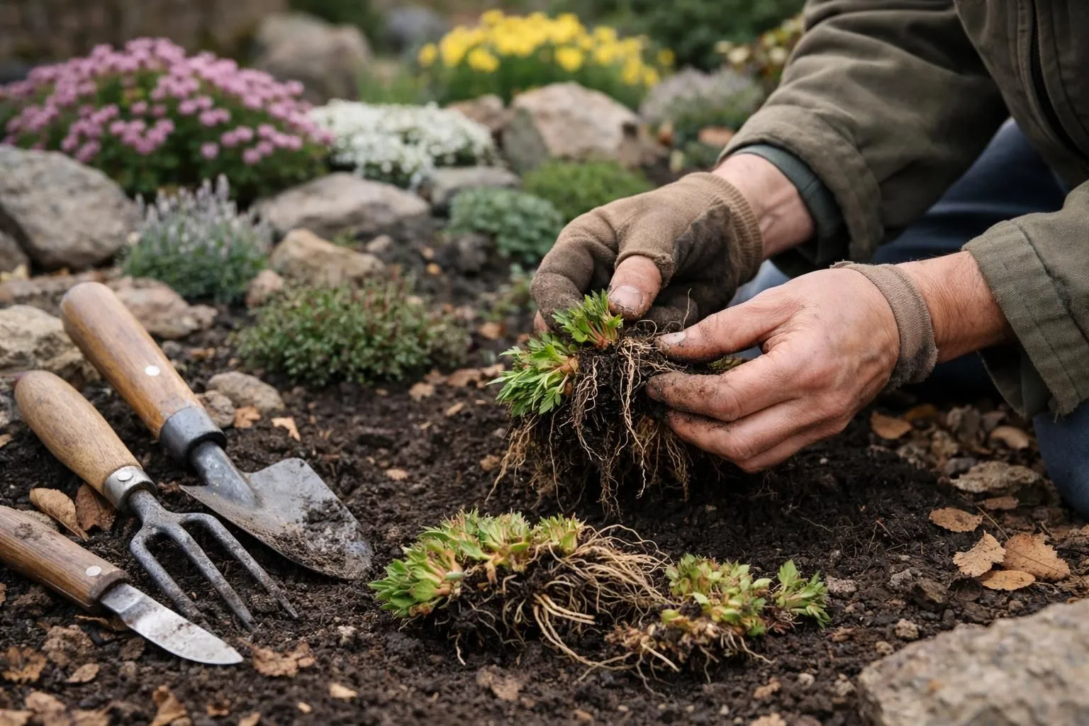 Annual maintenance calendar for French rock garden showing seasonal tasks, gardener's hands dividing alpine perennials in autumn soil with small trowel and pruning shears nearby, background showing established rock garden with flowering sedums and creeping thyme between stones, natural morning light, realistic photography style, shallow depth of field focusing on hands working with plant roots, high-end gardening lifestyle aesthetic, earthy tones and green foliage, no text or labels