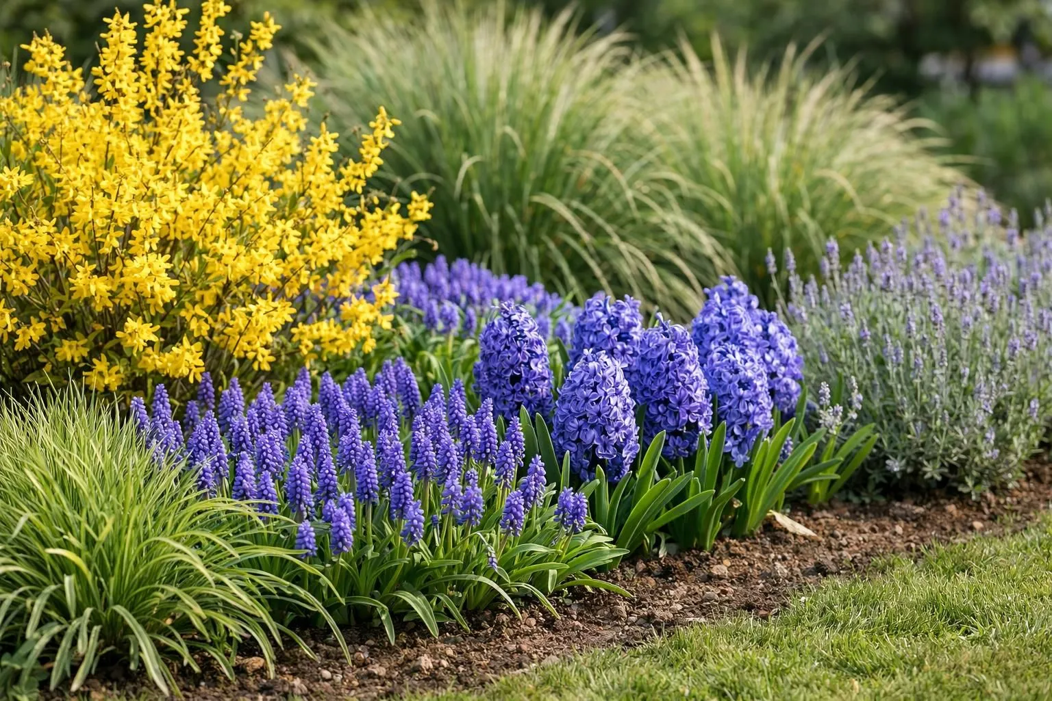 French garden border showcasing a vibrant mixed planting: yellow forsythia shrubs in full bloom alongside purple muscari bulbs and blue hyacinths in the foreground, with ornamental grasses and lavender plants creating texture. Natural daylight, realistic photography style, shallow depth of field focusing on the yellow-purple contrast, well-maintained garden bed with mulch, elegant French suburban garden aesthetic, no text, no signage.