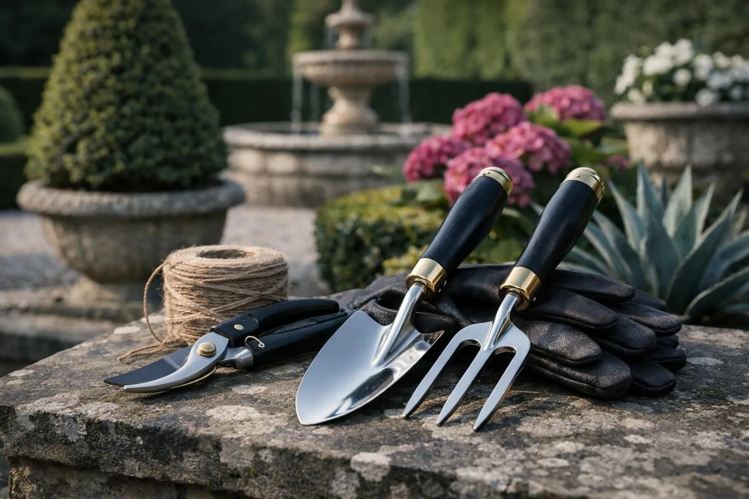 Gardening tools, fountain, flowers, and gloves on stone surface.
