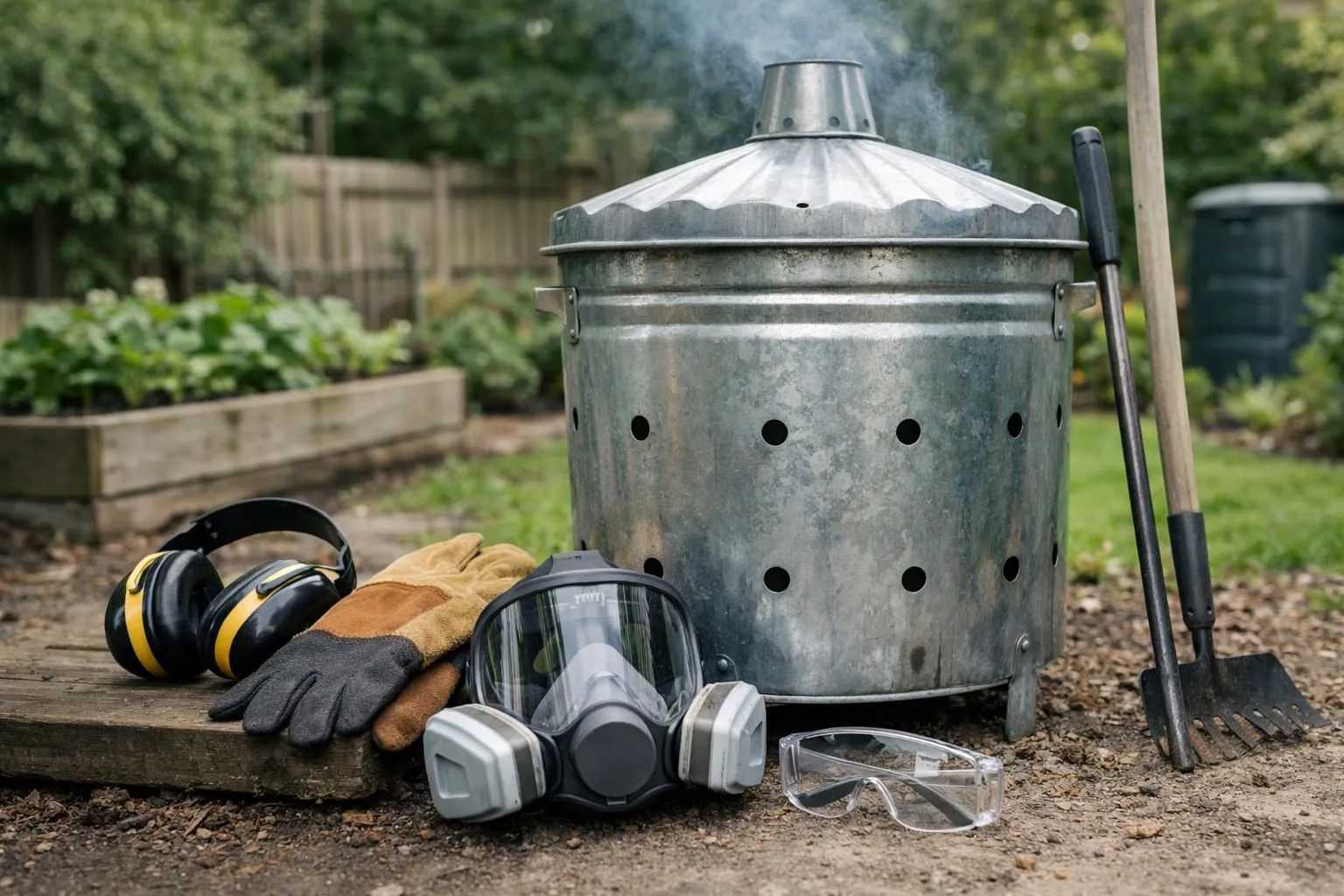 Gardening tools, protective equipment, and a smoker for composting.