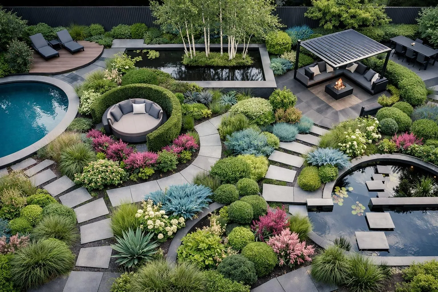 Lush, modern garden oasis with pool, seating areas, and diverse plantings.