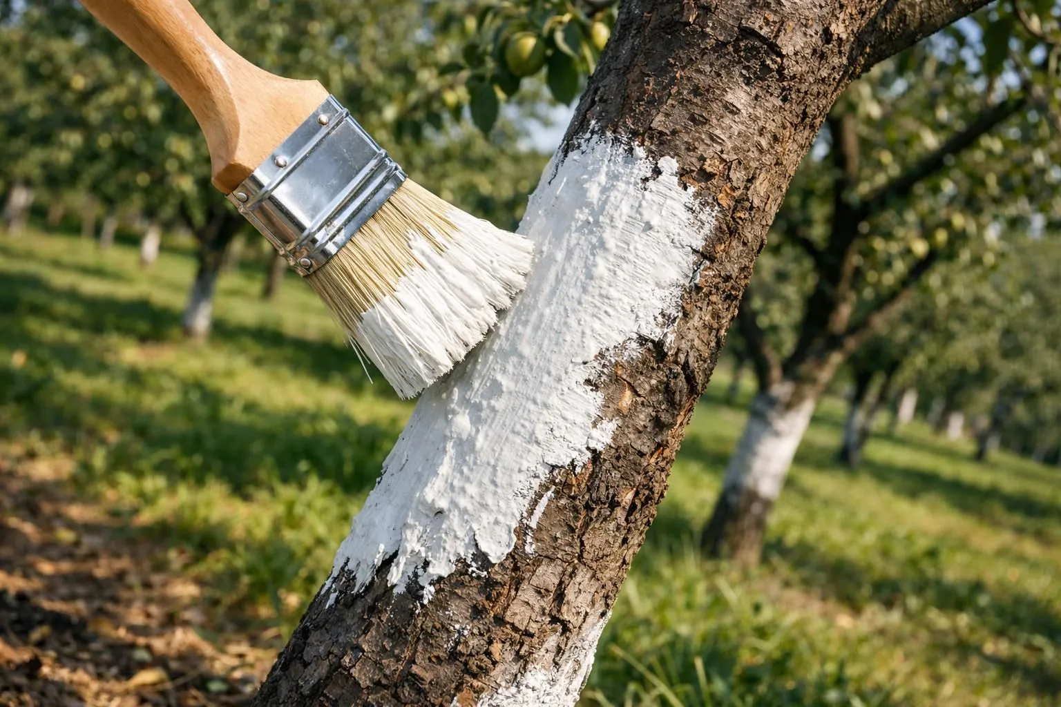 A hand holding a paintbrush applying white paint to a tree trunk.