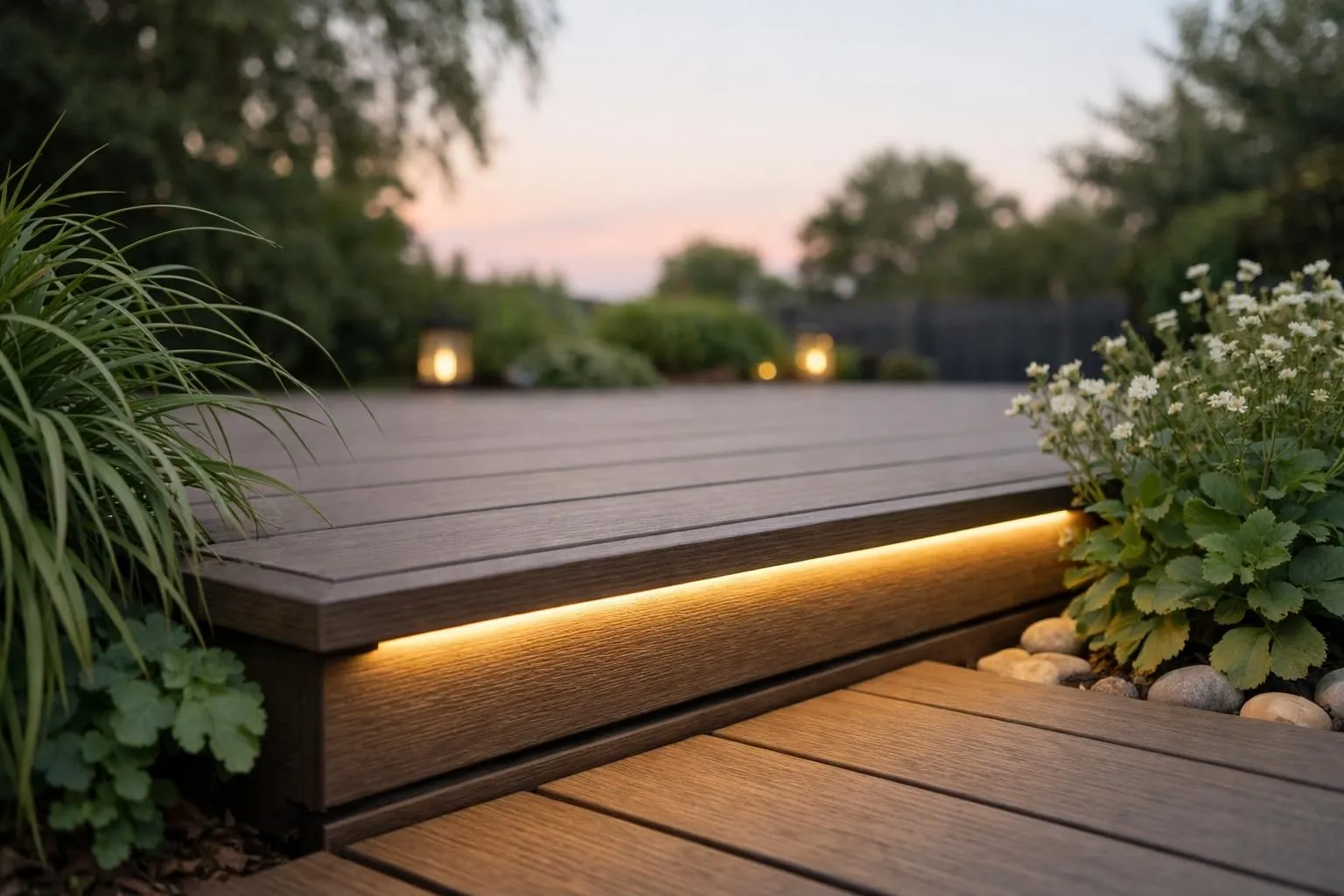 Wooden deck with ambient lighting, surrounded by lush greenery at dusk.
