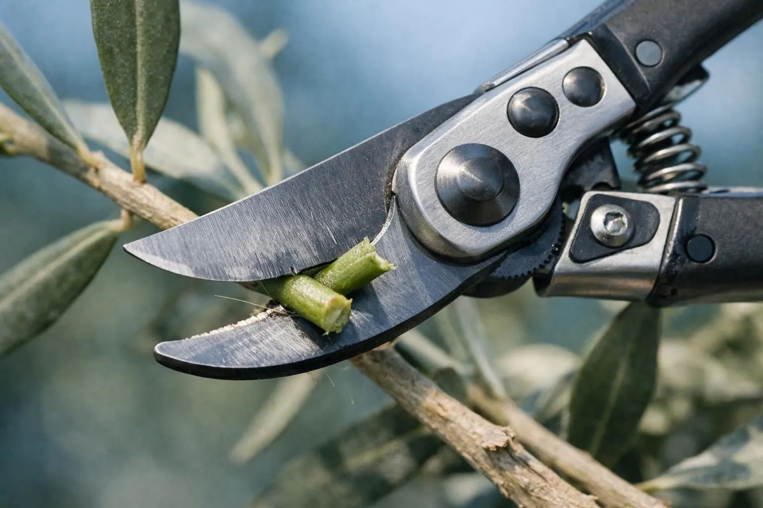 Pruning shears cutting a green plant stem.