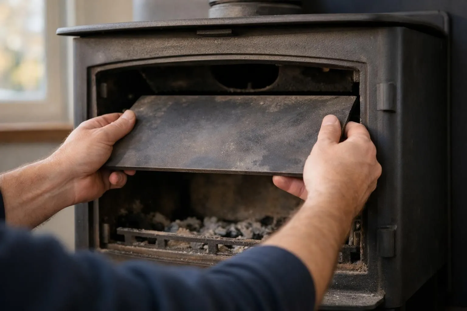 Hands loading firewood into a rustic wood-burning stove.