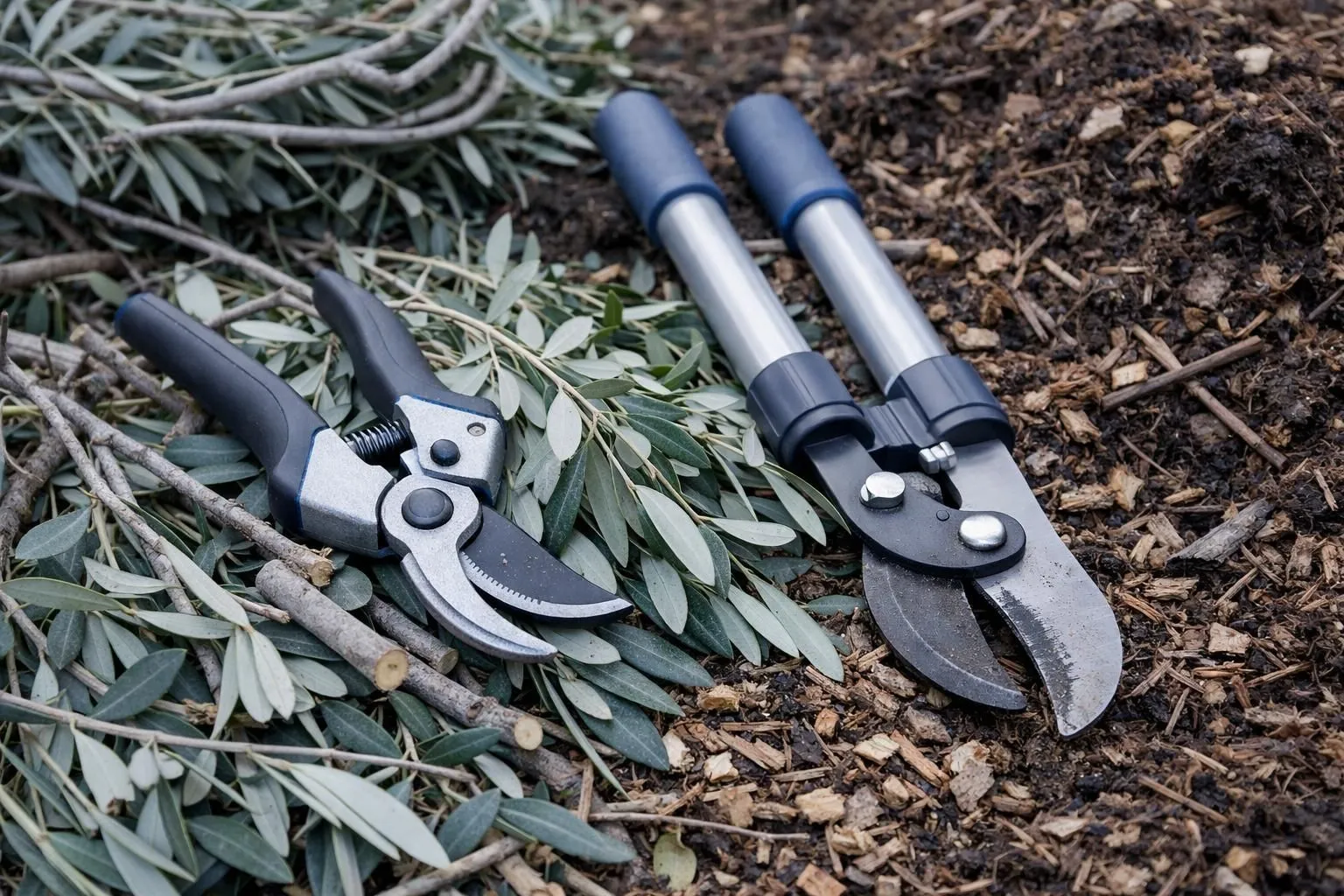 Gardening tools, pruners, and shears on a mulch-covered ground.