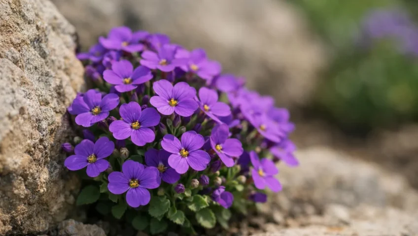 Fleurs de rocailles vivaces violettes (Aubrieta) en gros plan, poussant sur des pierres naturelles ensoleillées.