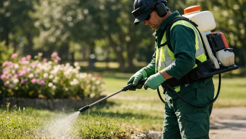 Jardinier municipal pulvérisant un désherbant autorisé dans un parc communal ensoleillé.