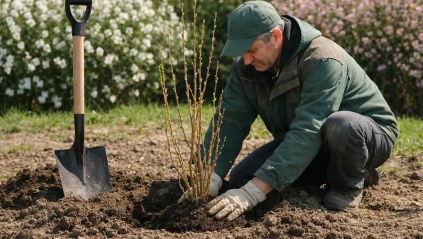 forsythia plante en jardin, jardinier en train de planter
