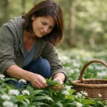 Femme cueille ail des ours pour utilisation en cuisine et en herboristerie.