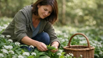 Femme cueille ail des ours pour utilisation en cuisine et en herboristerie.