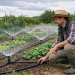 Matériel arrosage automatique potager en action dans un jardin