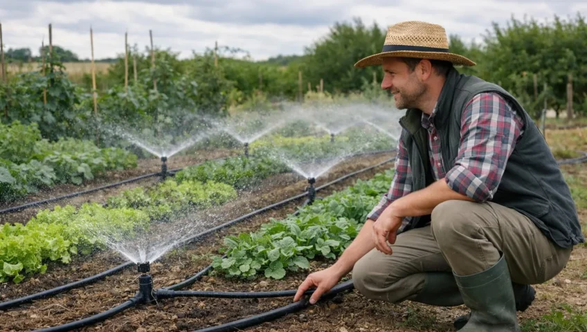 Matériel arrosage automatique potager en action dans un jardin