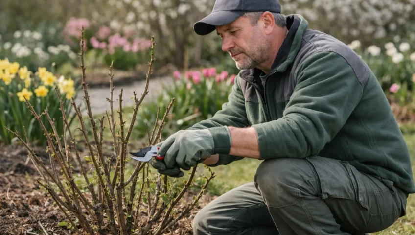 Jardinier taillant un rosier au printemps pour favoriser les floraisons.
