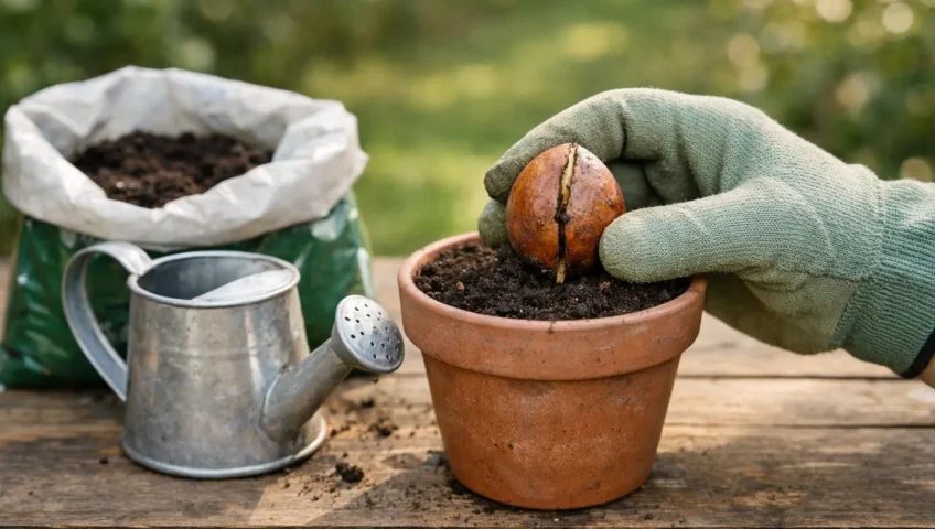Planter un avocat en 5 étapes, main gantée tenant un noyau d'avocat dans un pot de terre
