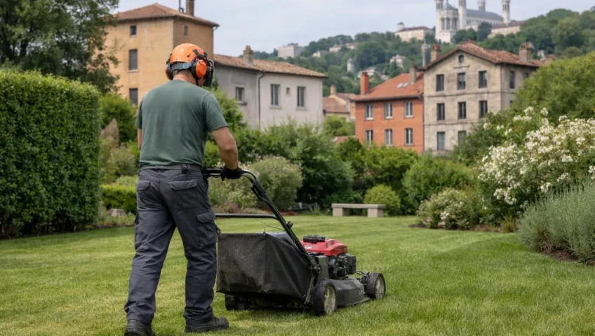 Jardinier tondant la pelouse dans un jardin à Lyon, France.
