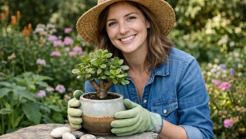 Femme tenant un arbre de jade en pot, jardin fleuri, acheter arbre de jade débutant