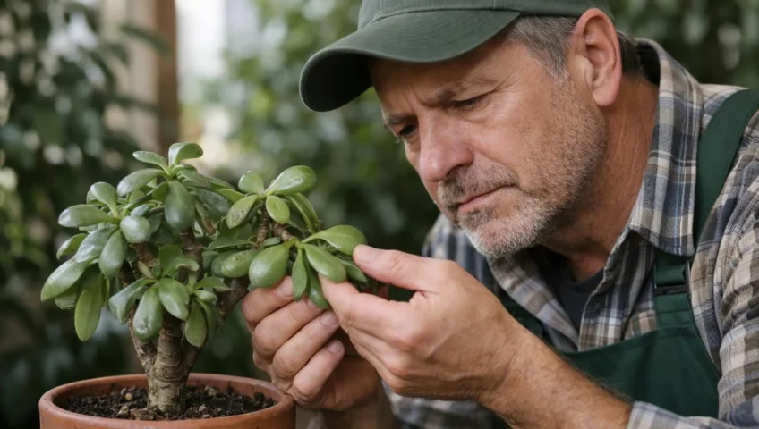 Arbre de jade feuilles molles, jardinier inspecte plante verte dans jardin intérieur