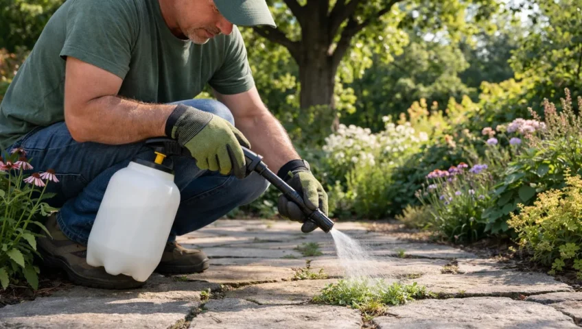 Vinaigre de désherbage dans un jardin naturel, utilisation écologique pour éliminer les mauvaises herbes sans produits chimiq