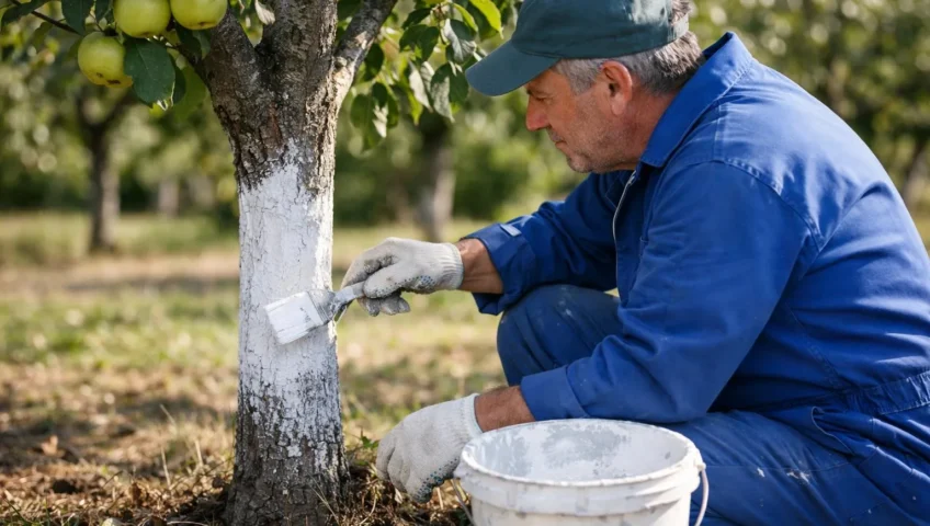 Traitement chaux pour arbres fruitiers, jardinier applique chaux sur arbre dans verger