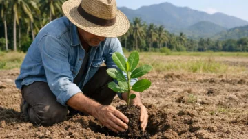 "Un agriculteur plante un arbre de noix de cajou dans un champ ensoleillé, illustrant où pousse la noix de cajou et comment l
