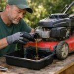 Vidanger tondeuse thermique, jardinier qui vidange l'essence