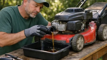 Vidanger tondeuse thermique, jardinier qui vidange l'essence
