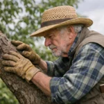 Arbre qui retombe, prévention efficace, jardinier inspecte tronc d'arbre penché dans jardin verdoyant