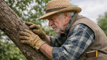 Arbre qui retombe, prévention efficace, jardinier inspecte tronc d'arbre penché dans jardin verdoyant