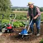 motobineuses électriques en usage dans un jardin potager