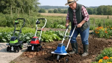 motobineuses électriques en usage dans un jardin potager