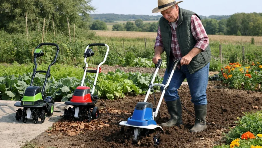 motobineuses électriques en usage dans un jardin potager