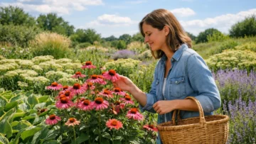 Plante exterieur vivace dans un jardin luxuriant avec femme admirant la floraison, extérieur, environnement naturel.