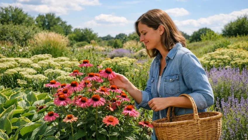 Plante exterieur vivace dans un jardin luxuriant avec femme admirant la floraison, extérieur, environnement naturel.