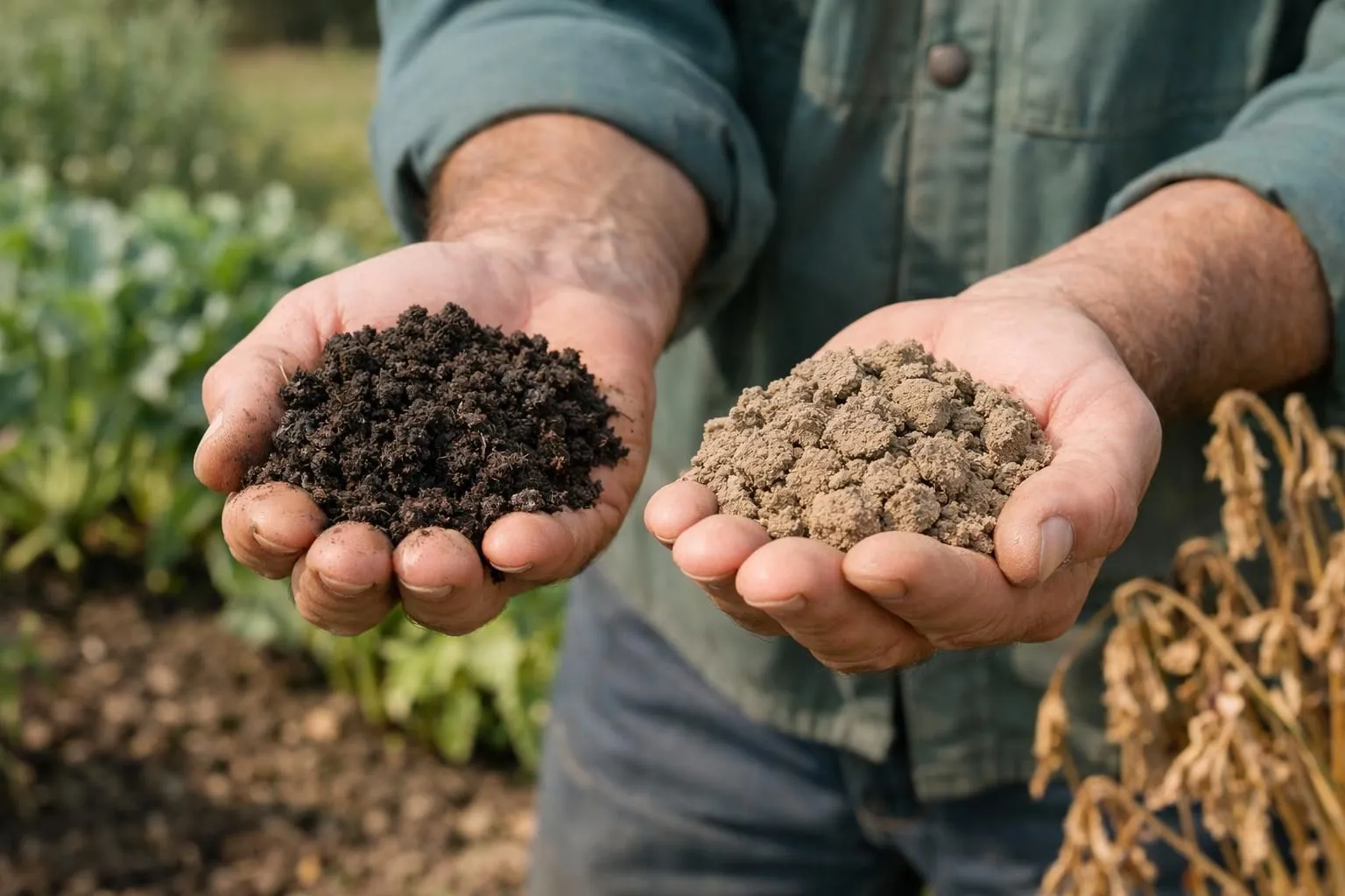 Close-up of gardener's hands holding two contrasting handfuls of soil, one rich, dark, crumbly premium potting mix with visible organic matter, the other dry, pale, compacted poor-quality soil. Background shows healthy potted plants on left versus wilting plants on right. Natural garden setting in France, soft morning light, ultra-detailed soil texture, realistic photography, shallow depth of field, educational yet elegant composition. No text, no labels, no watermark.